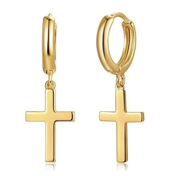 Cross Earrings Gold Huggie Hoop Dangle Drop - Picture 2 of 5